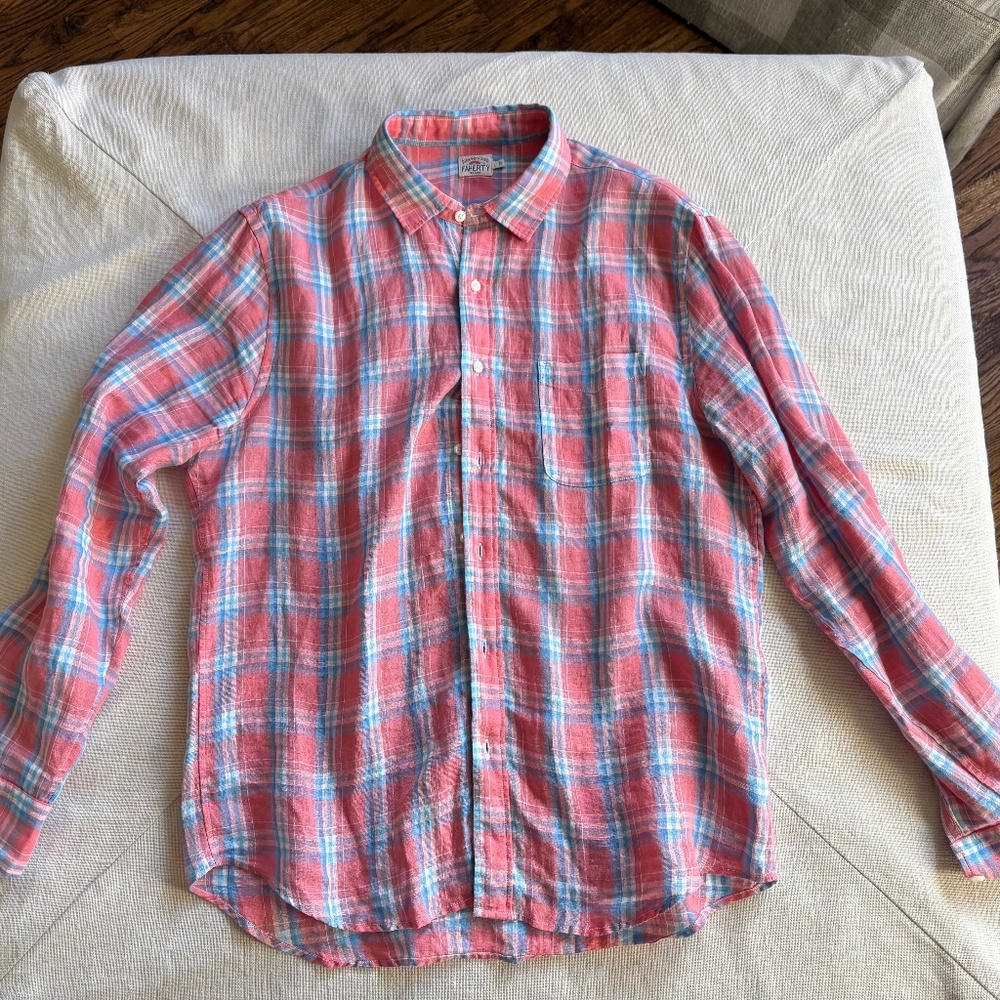 Faherty Linen Laguna Shirt Coral Seas Plaid Large 100% Linen
